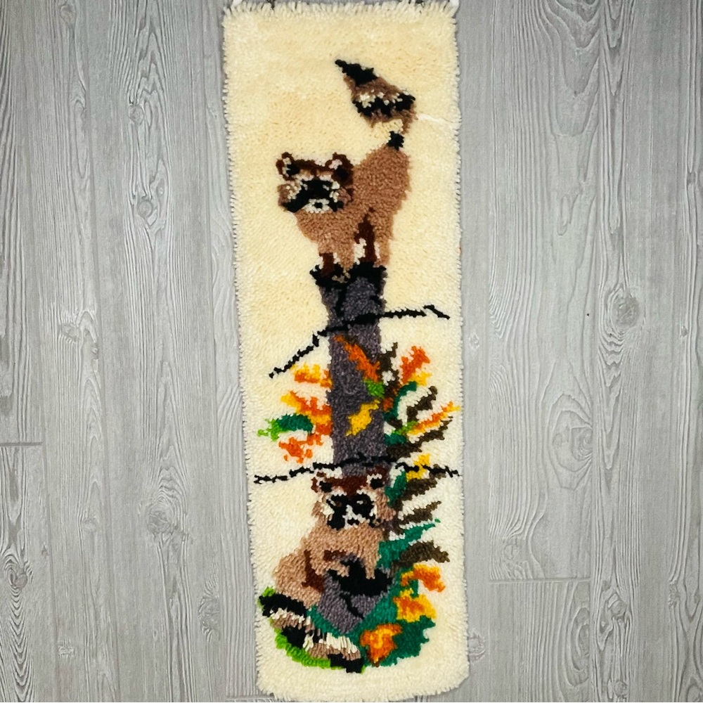 Vintage 1970 / 1980s Complete Latch Hook Rug Wall Hanging of Racoons boho retro